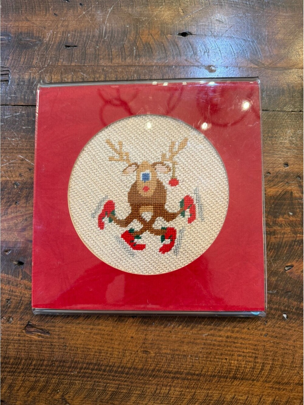 Rudolph Reindeer Cross Stitch Ornament in Acrylic Frame